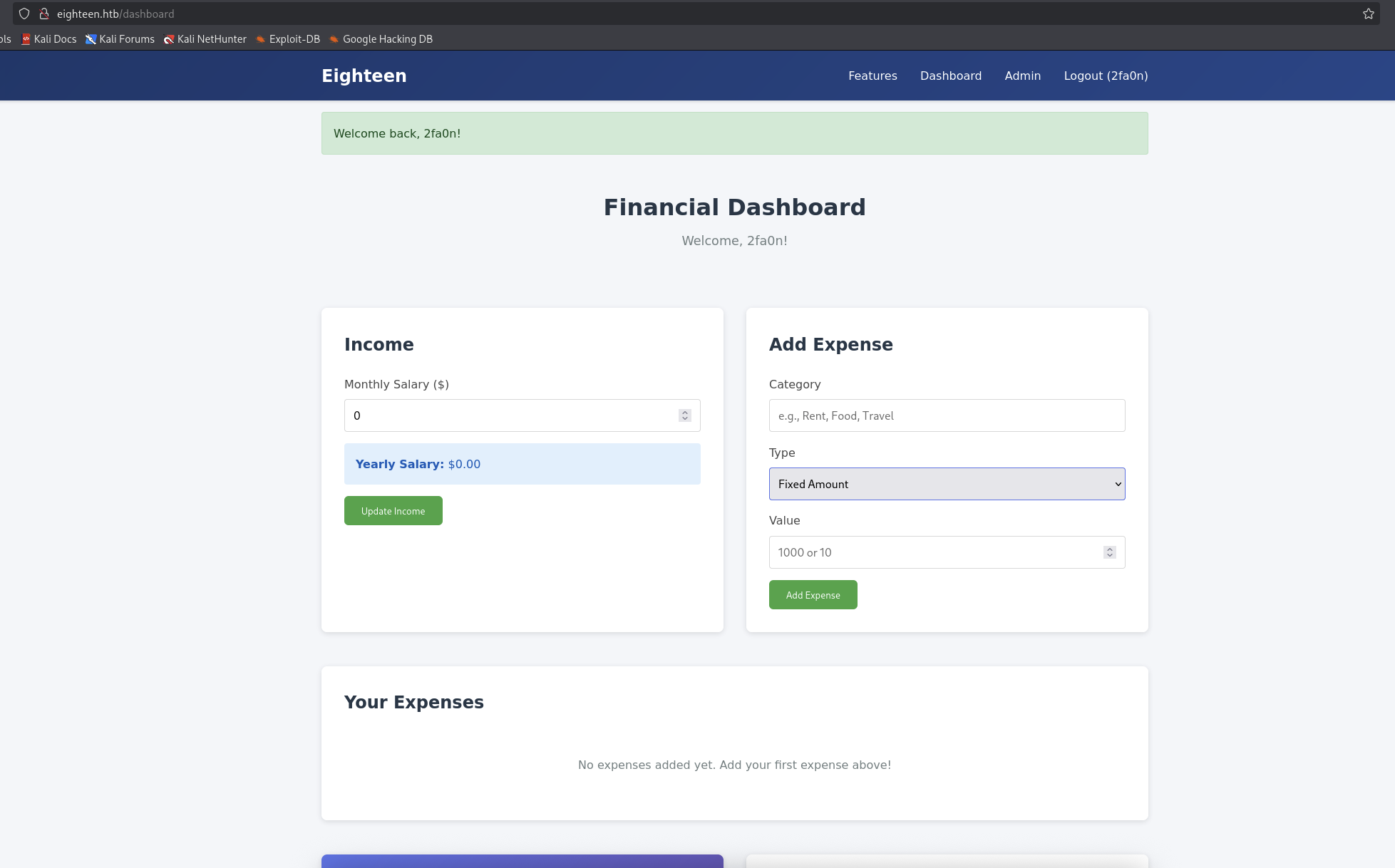 Eighteen Website Dashboard