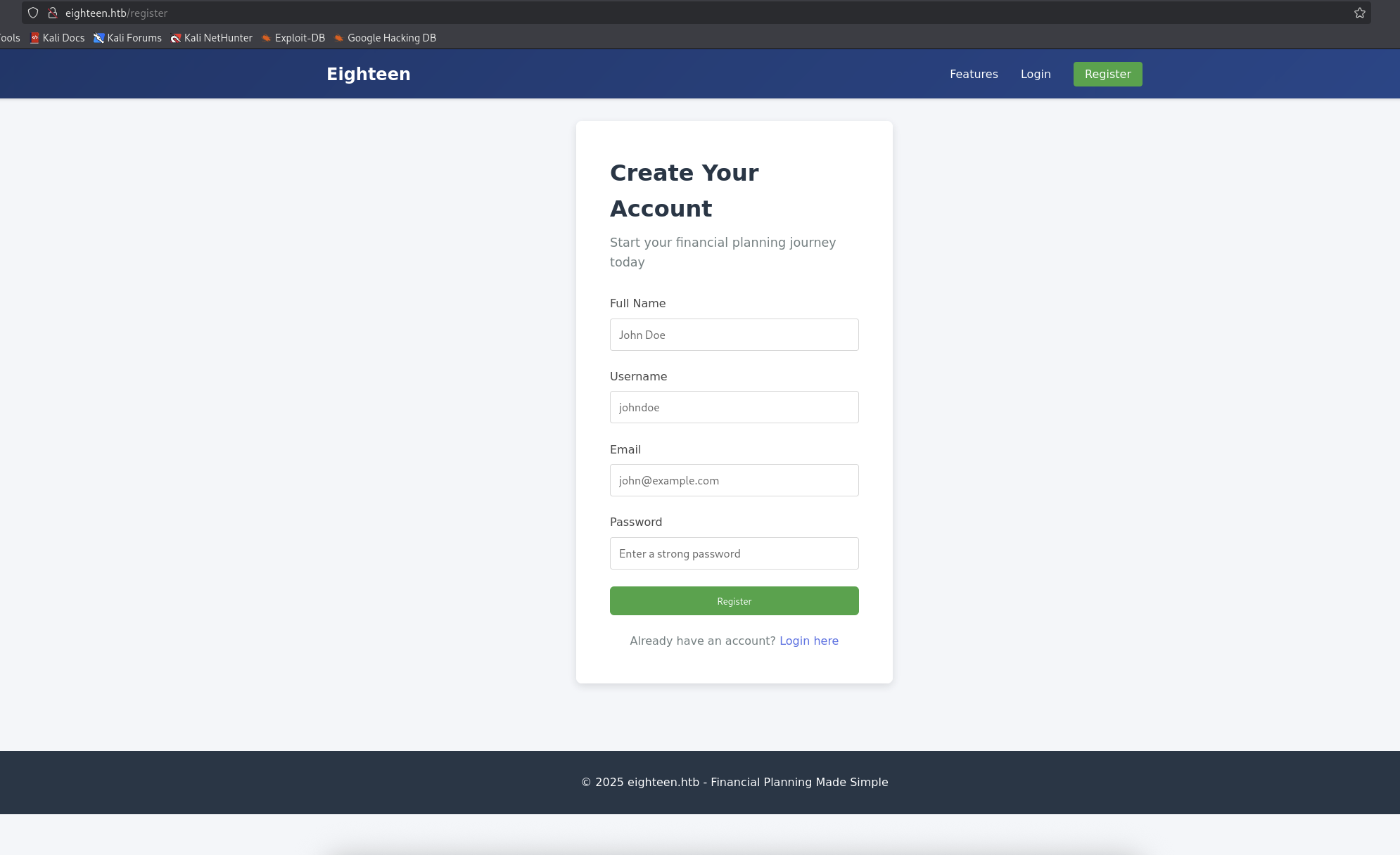 Eighteen Website Register
