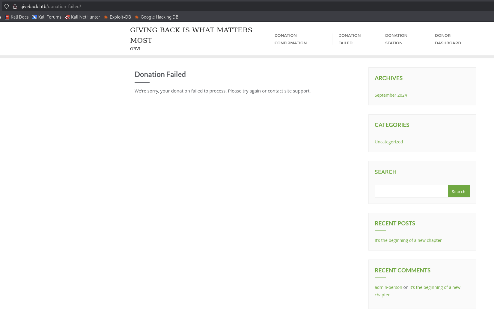 Giveback Website Donation Failed