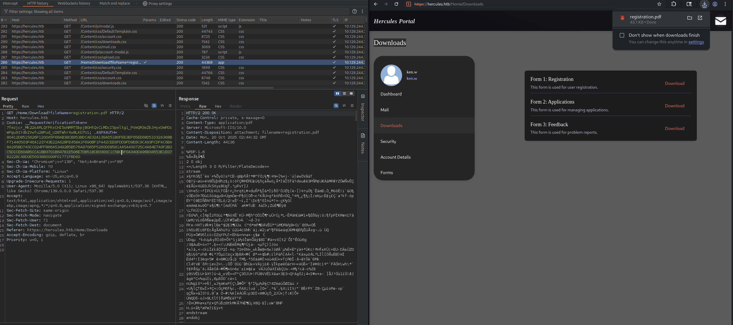 Hercules Website ken.w Form Burpsuite