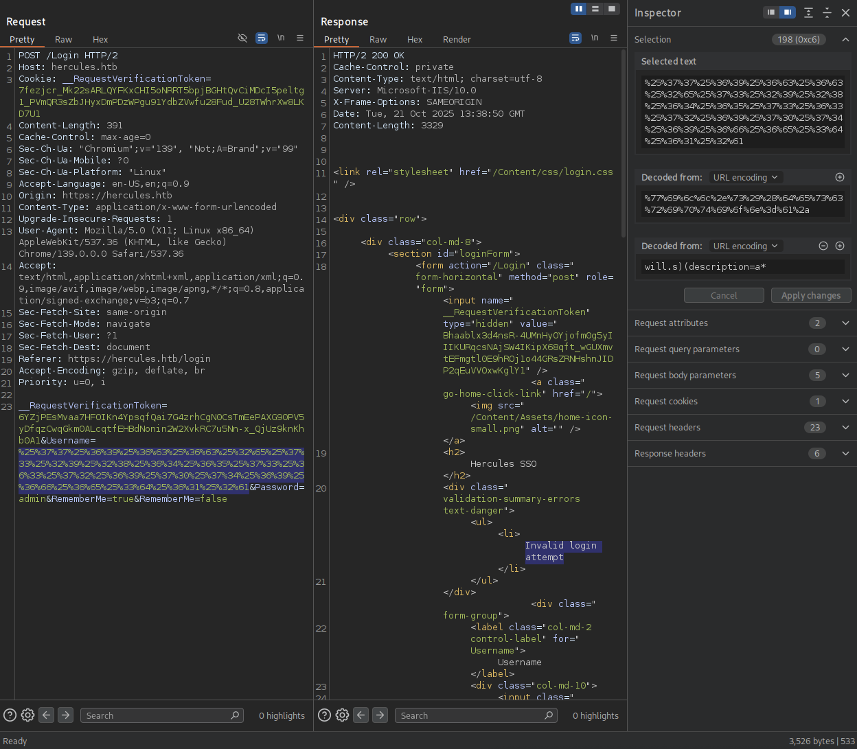 Hercules Website Login Burpsuite Invalid Password