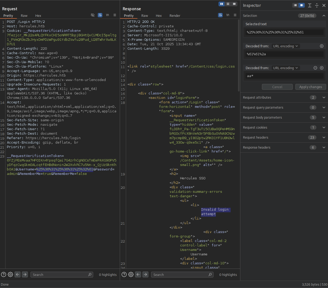 Hercules Website Login Burpsuite Invalid